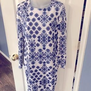 Naoko Womens Sz M Blue White LS Floral Dress